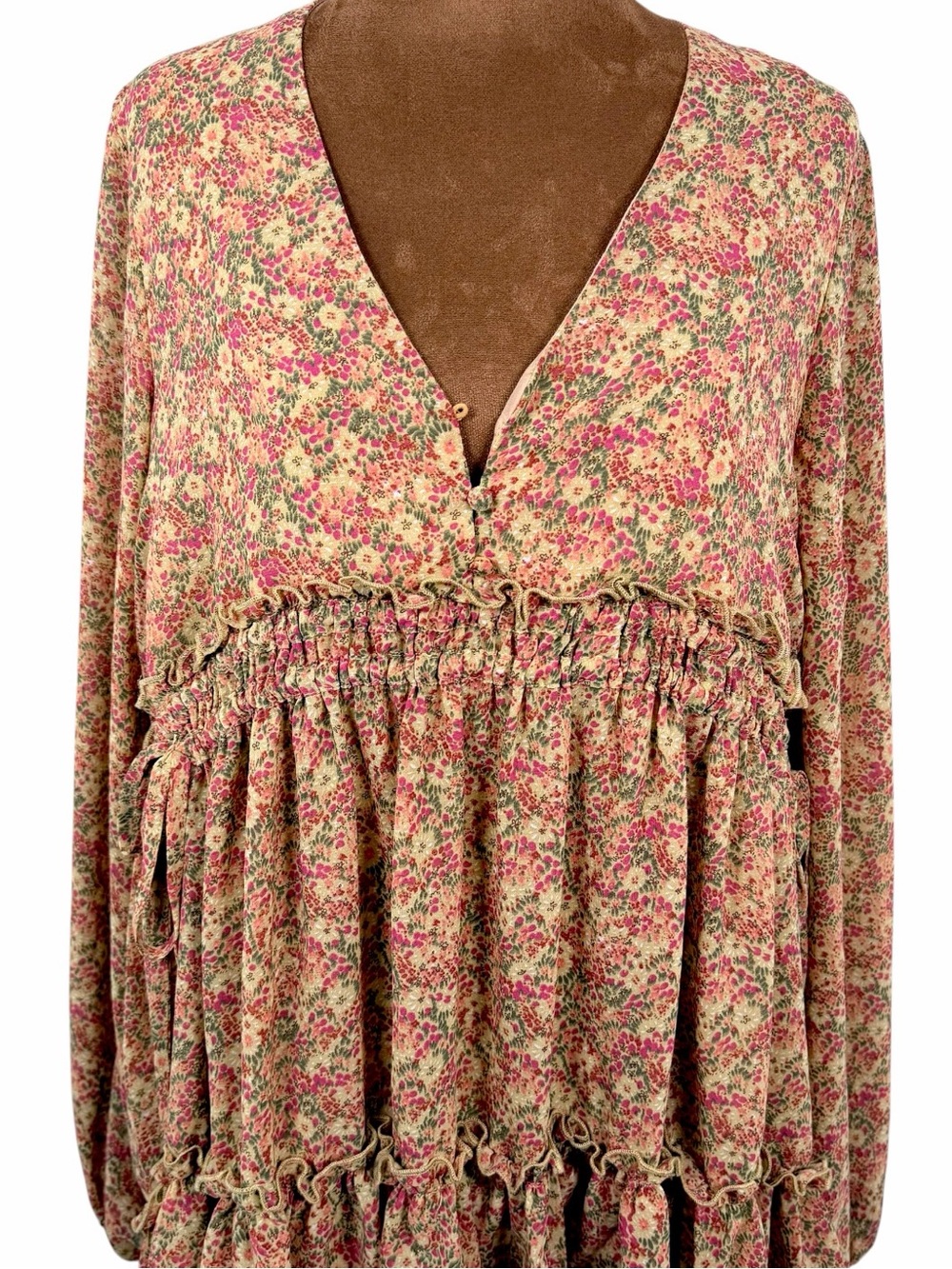 PINCH Floral Babydoll Mini Dress Boho Tiered Ruffle Long Sleeve Small - Picture 5 of 11